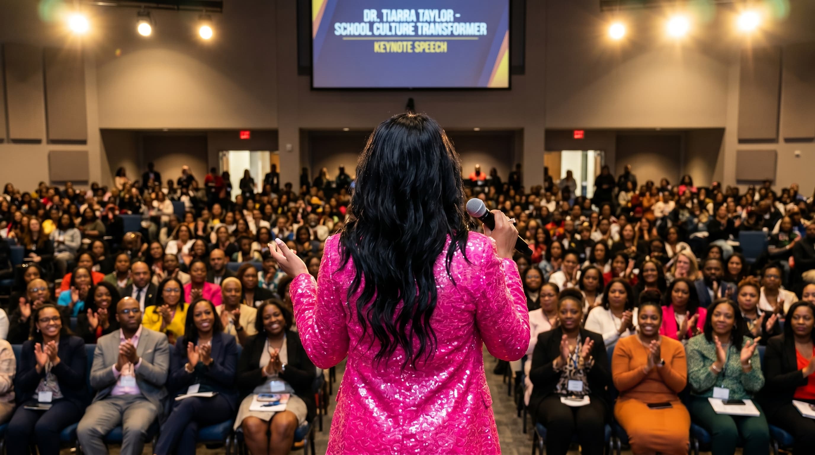 Dr. Tiarra Taylor addressing a full auditorium of educators and school leaders
